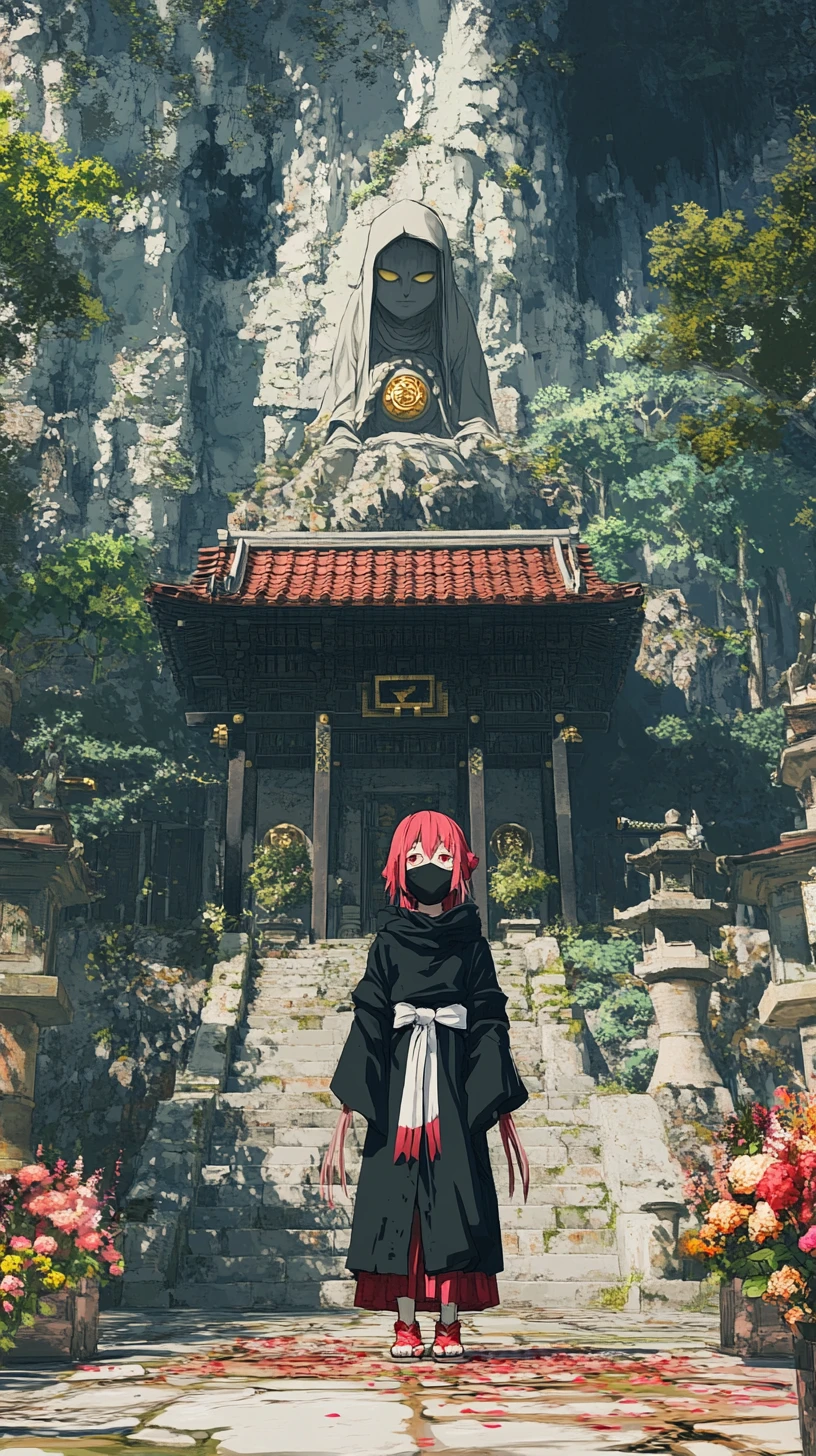 Anime girl in a cliffside temple courtyard at dusk