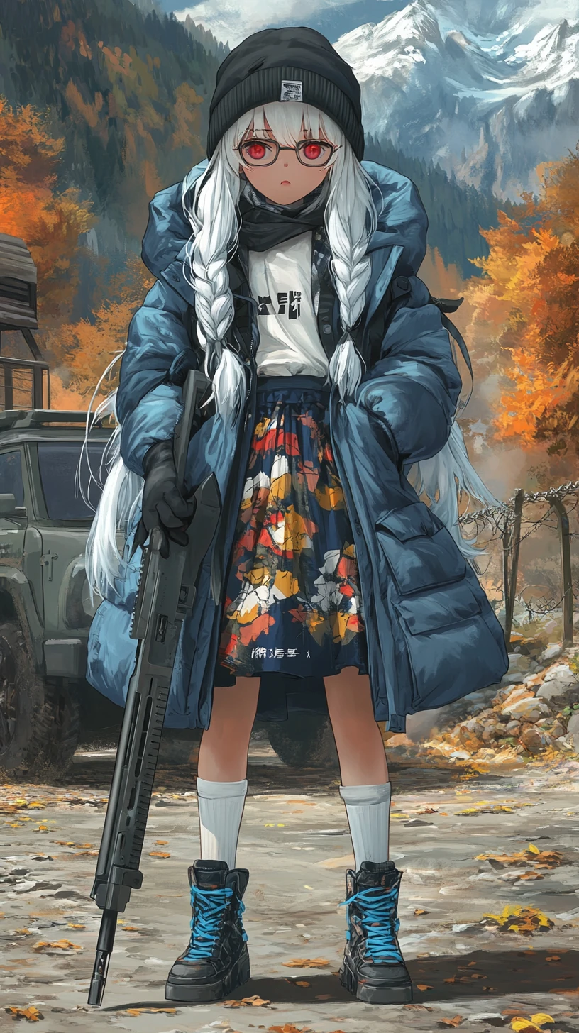 Gloomy anime girl with shotgun near a mountain cabin