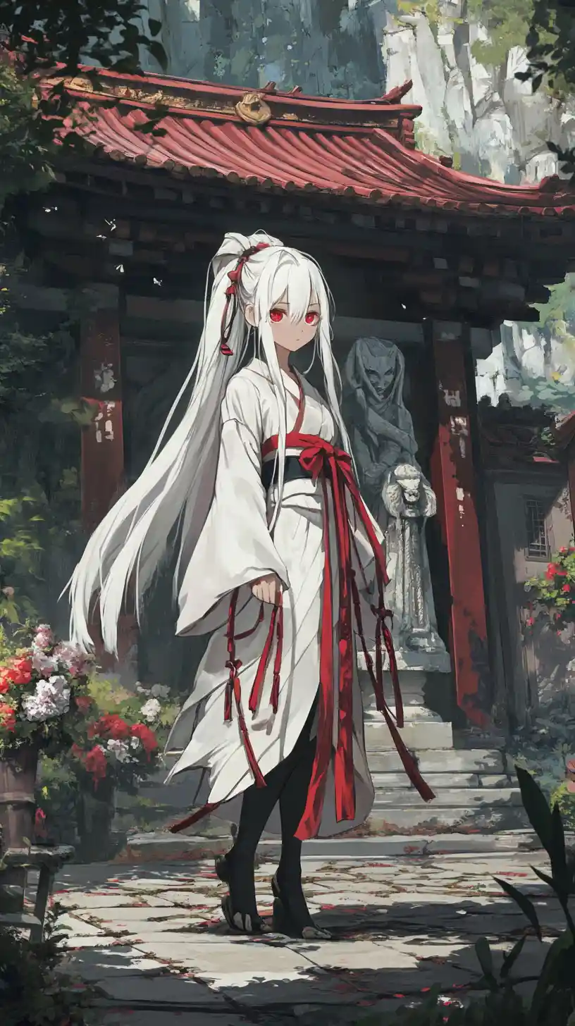 White haired anime girl in a cliffside temple courtyard