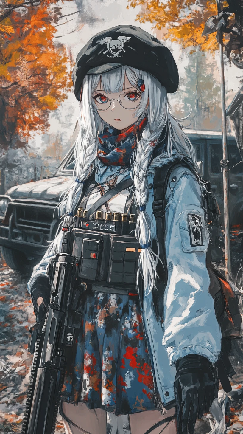 Anime girl with shotgun near autumn mountain cabin