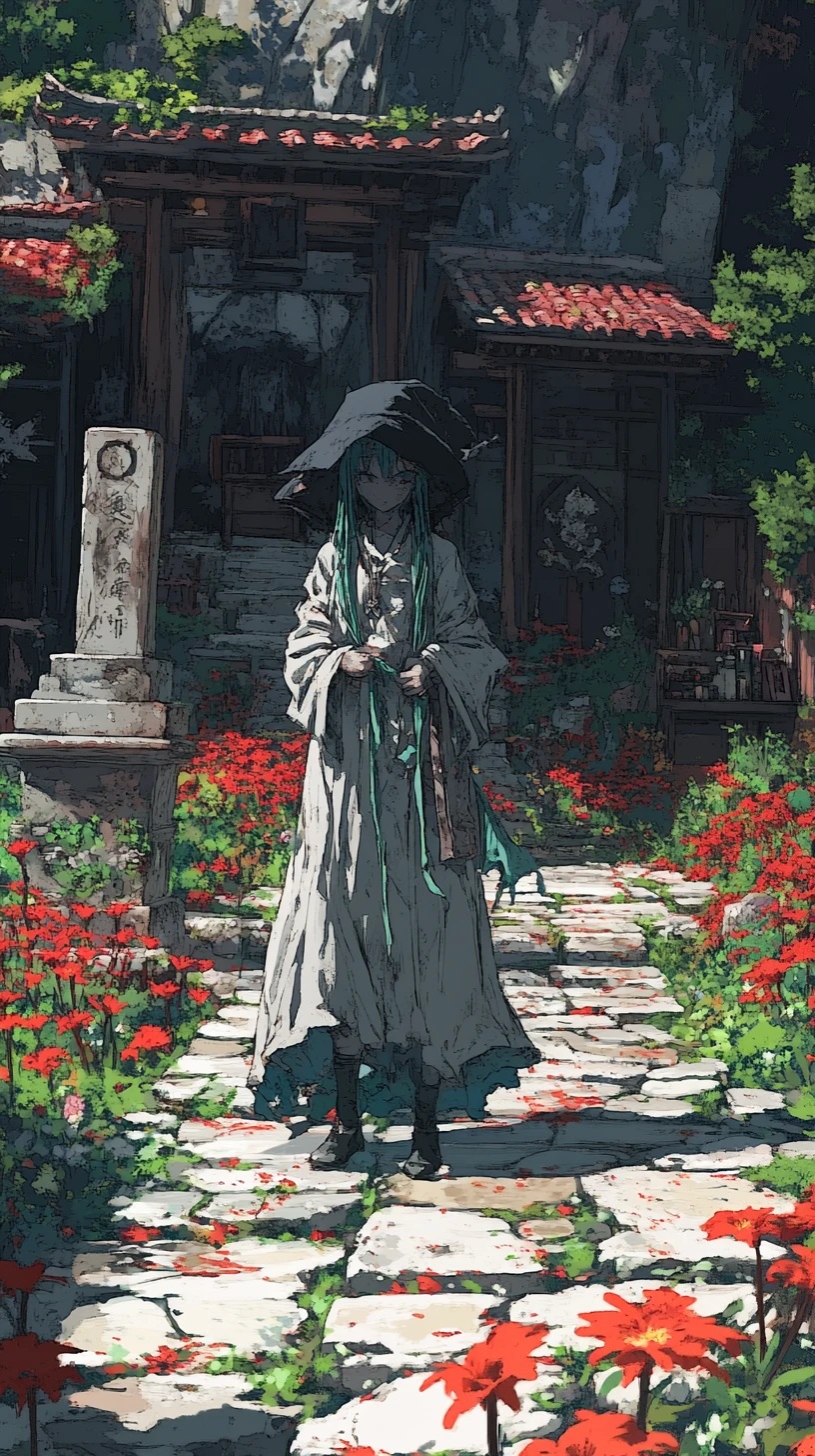 Anime girl in a ruined temple courtyard at sunset