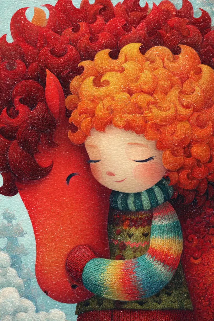 Girl Hugging A Red Fantasy Horse In Winter Illustration