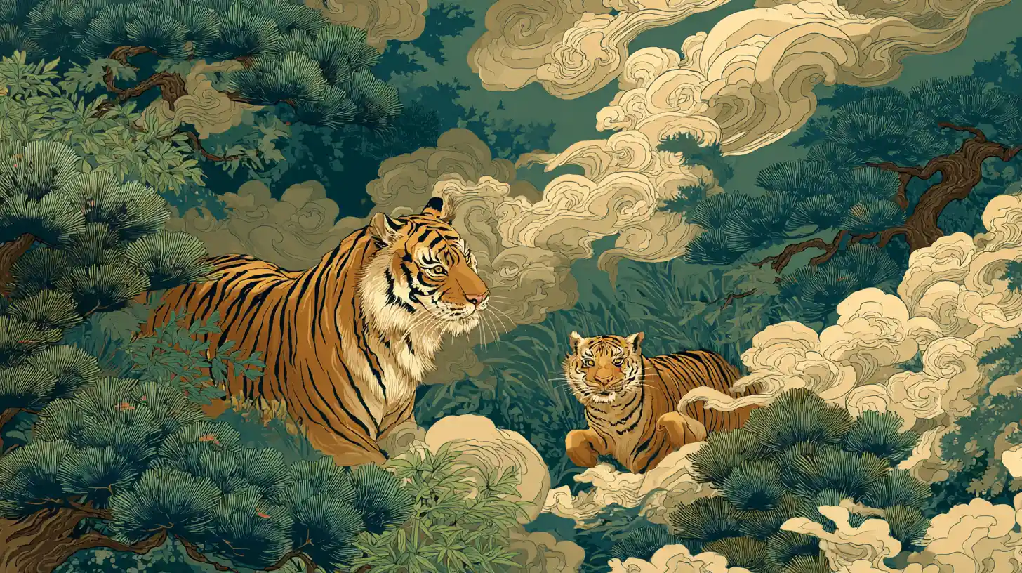 Tiger parent and cub in stylized ukiyo e forest scene