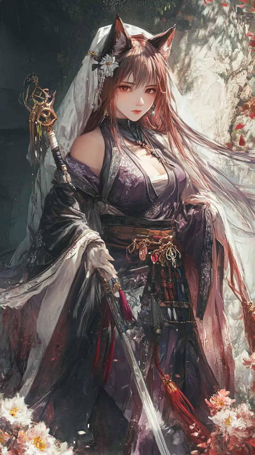 Chica zorro de anime bailando en el patio de un templo