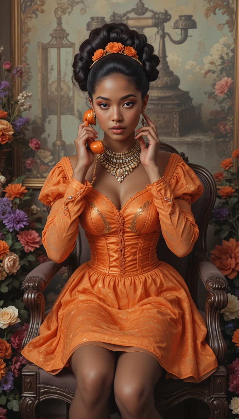 Vintage lady on ornate chair with orange telephone