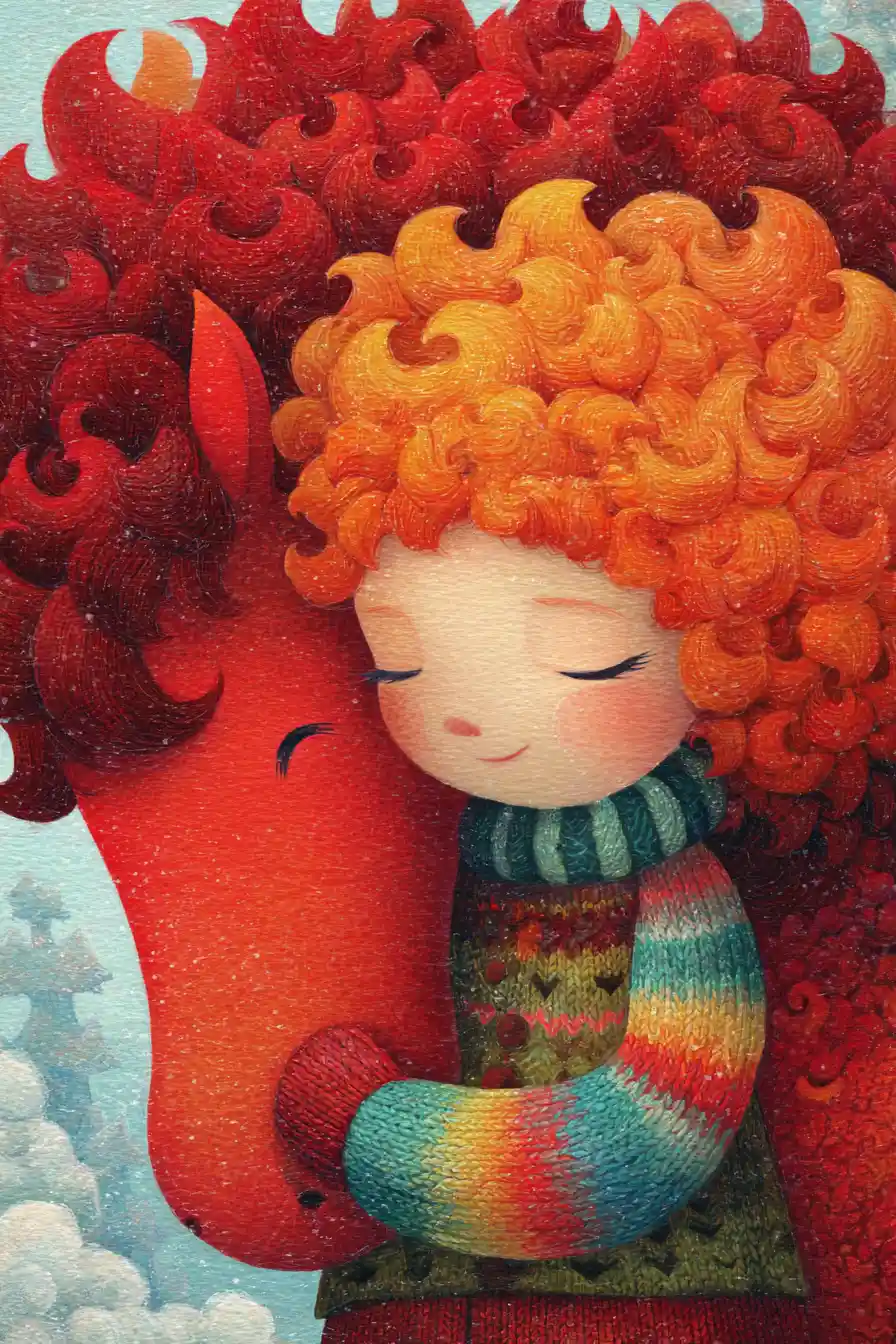 Girl Hugging A Red Fantasy Horse In Winter Illustration