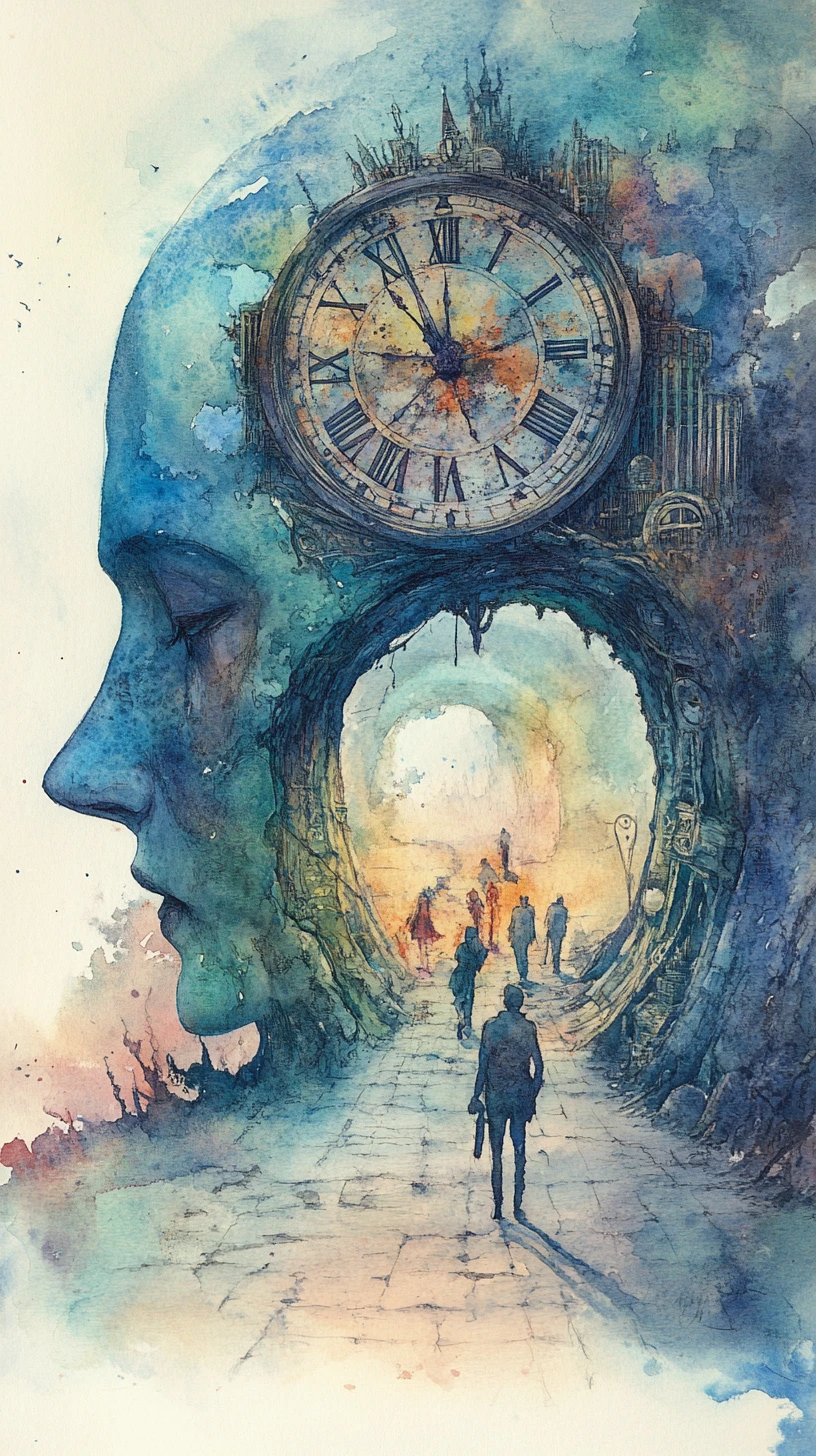 Surreale Aquarelllandschaft mit Kopf-Tunnel und Uhr am Eingang