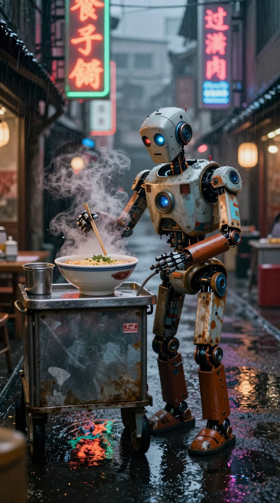 Elderly Robot Vendor Serving Ramen In Neon City Alley