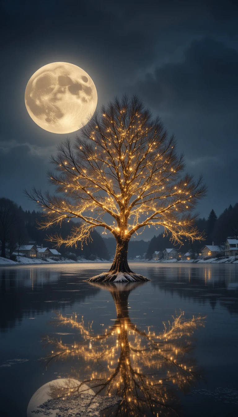 Glowing tree on a frozen lake under a winter moon