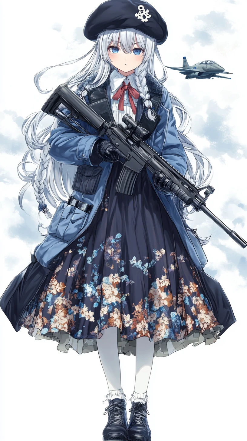Anime girl with rifle gazing up at cloudy sky