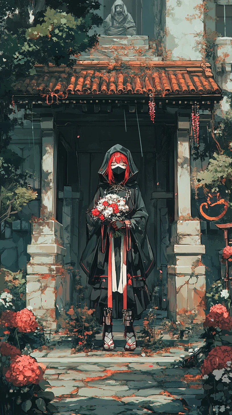 Ancient cliffside temple courtyard with hooded stone statue