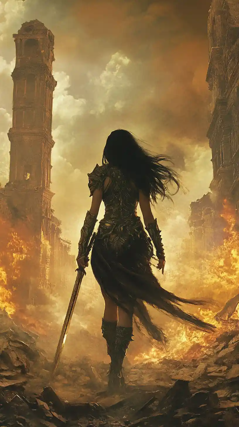 Guerrera bárbara alzando su espada al atardecer