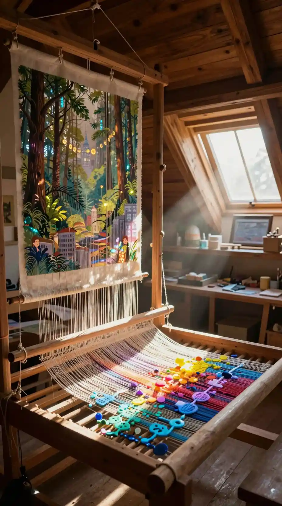 Sunlit attic workshop with a loom weaving glowing memories