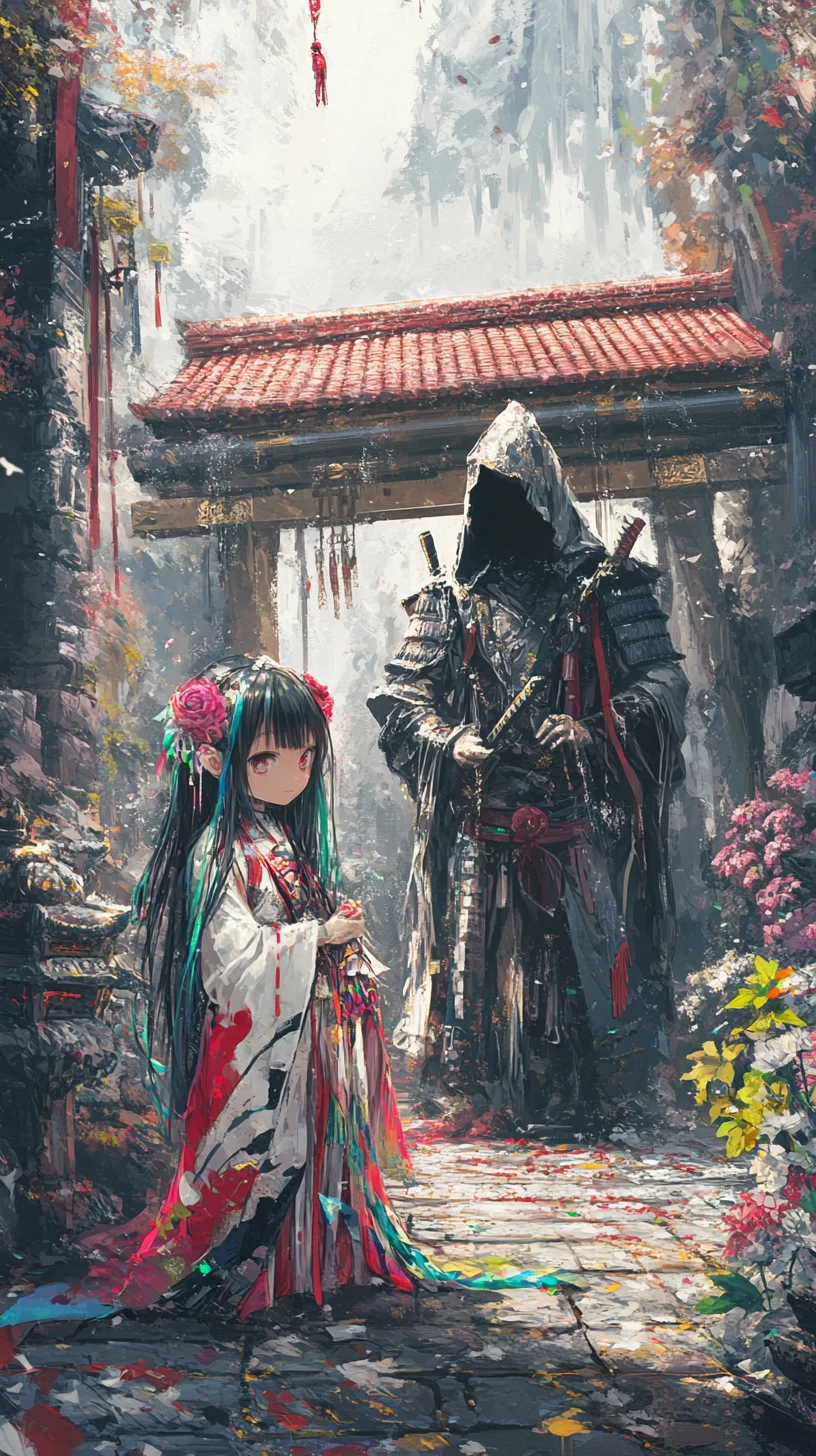 Anime girl in a cliffside temple courtyard with statue