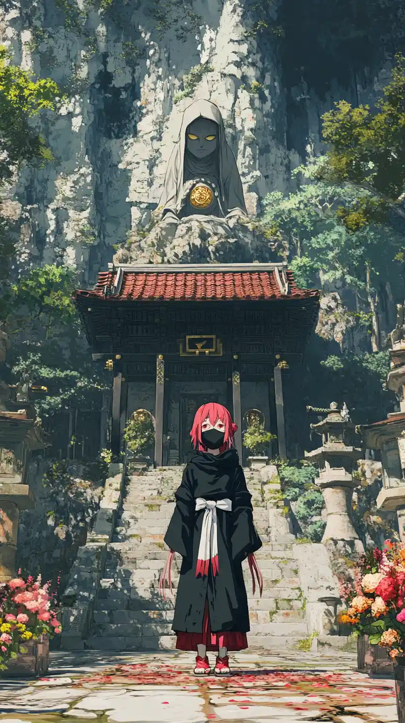 Chica de anime en el patio de un templo al borde del acantilado al atardecer