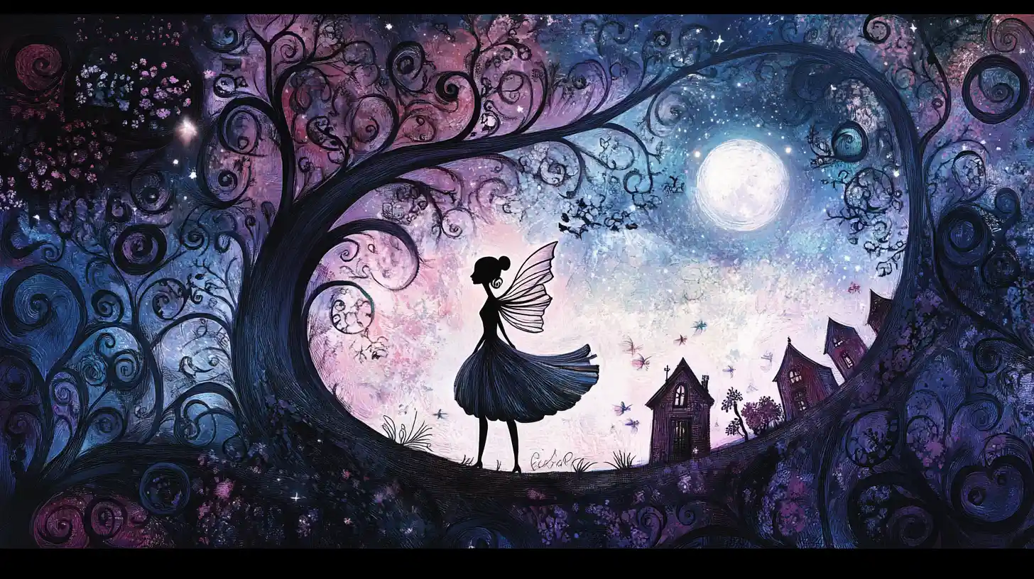 Minimalist fairy walking through a swirling fantasy world