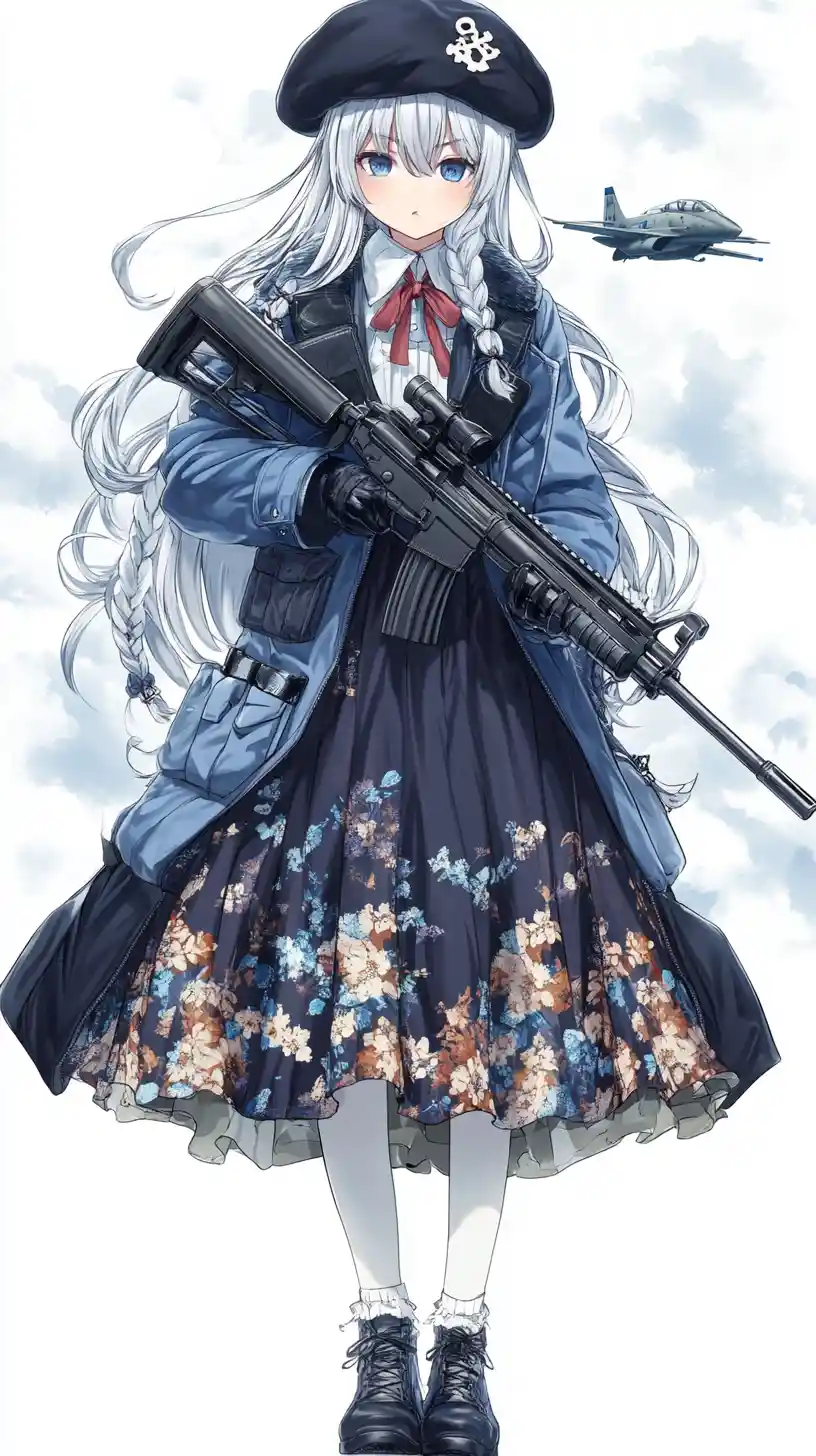 Ragazza anime con fucile che guarda il cielo nuvoloso