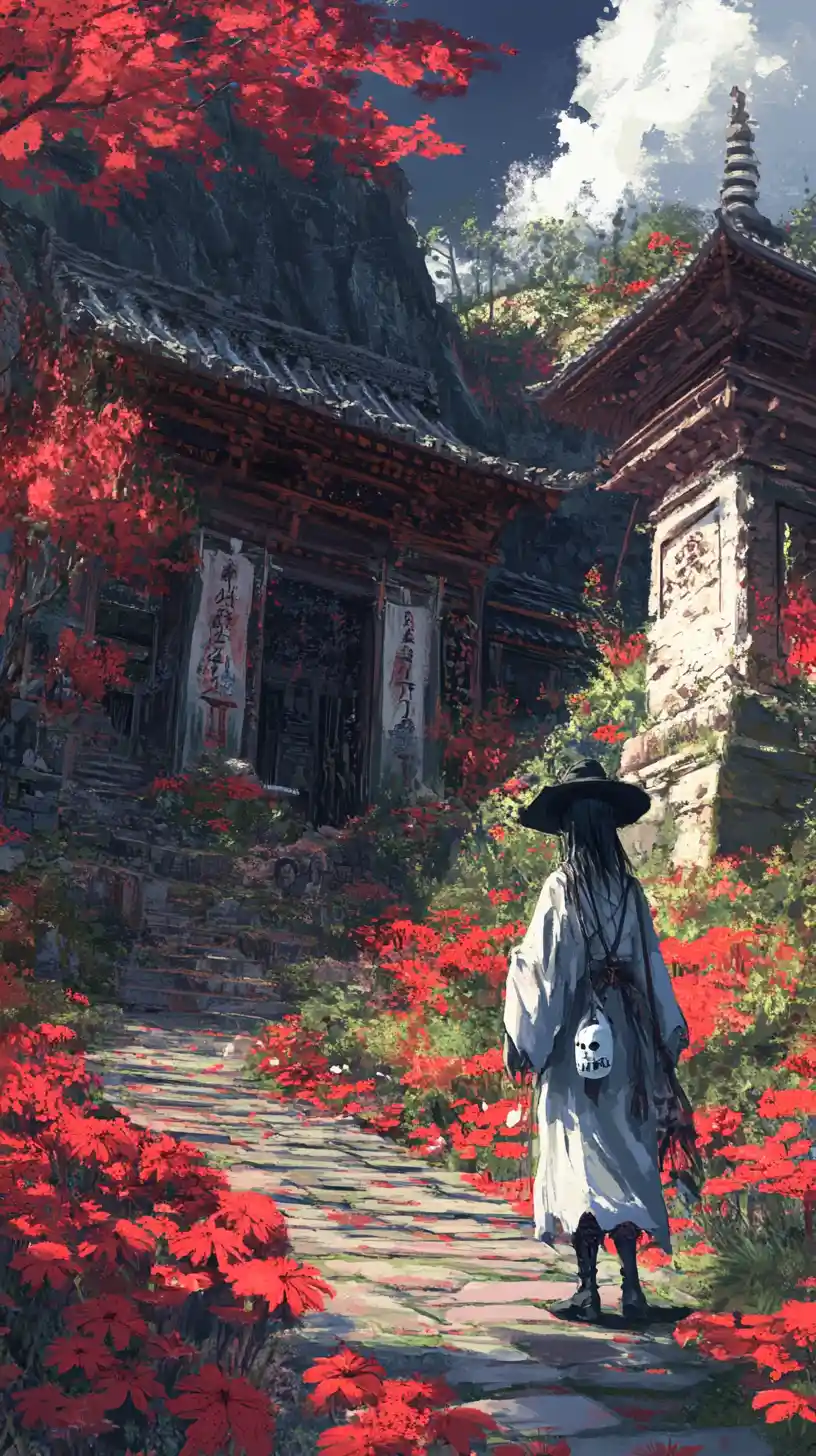 Anime girl in a ruined temple courtyard at sunset