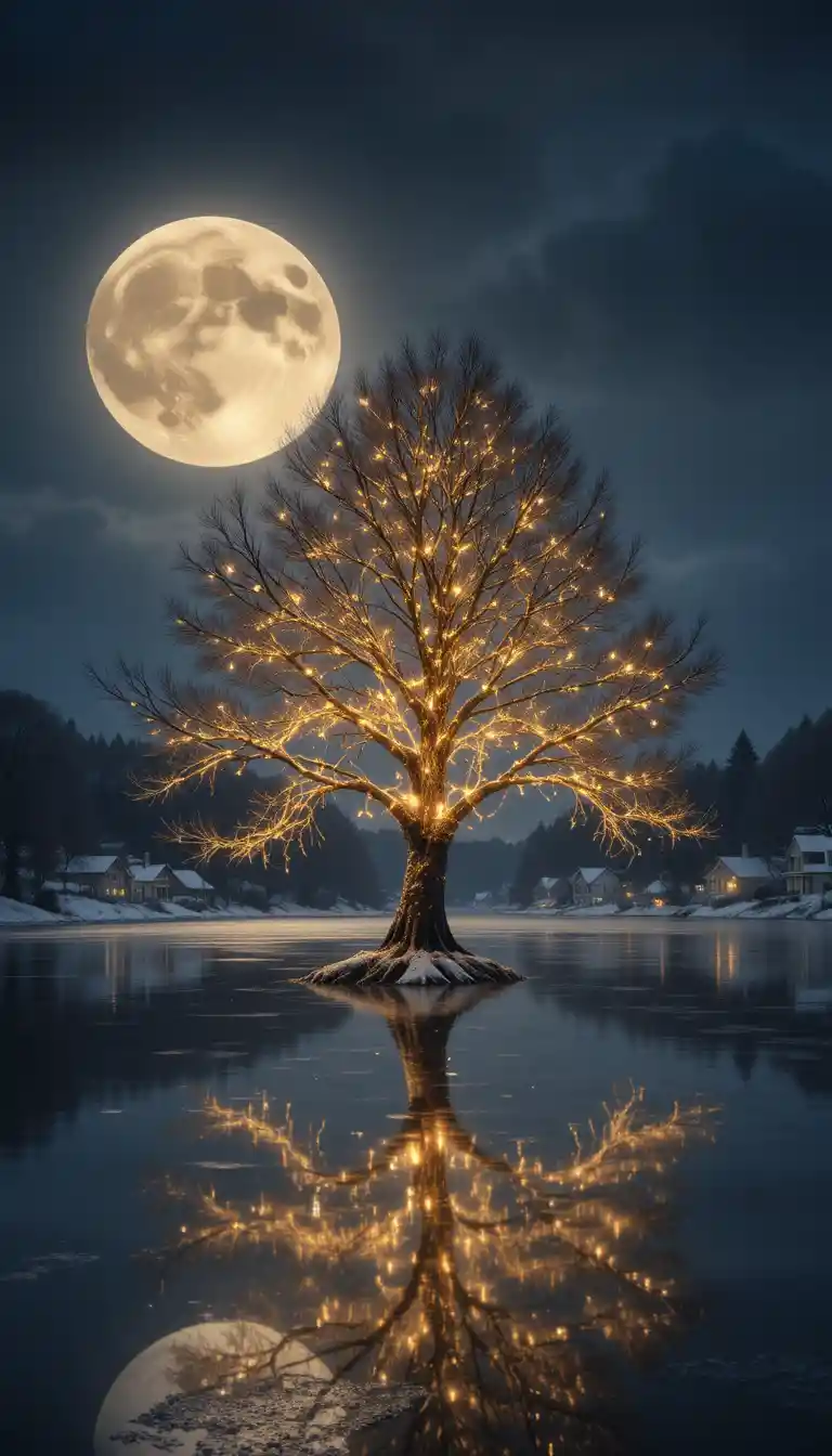 Glowing tree on a frozen lake under a winter moon