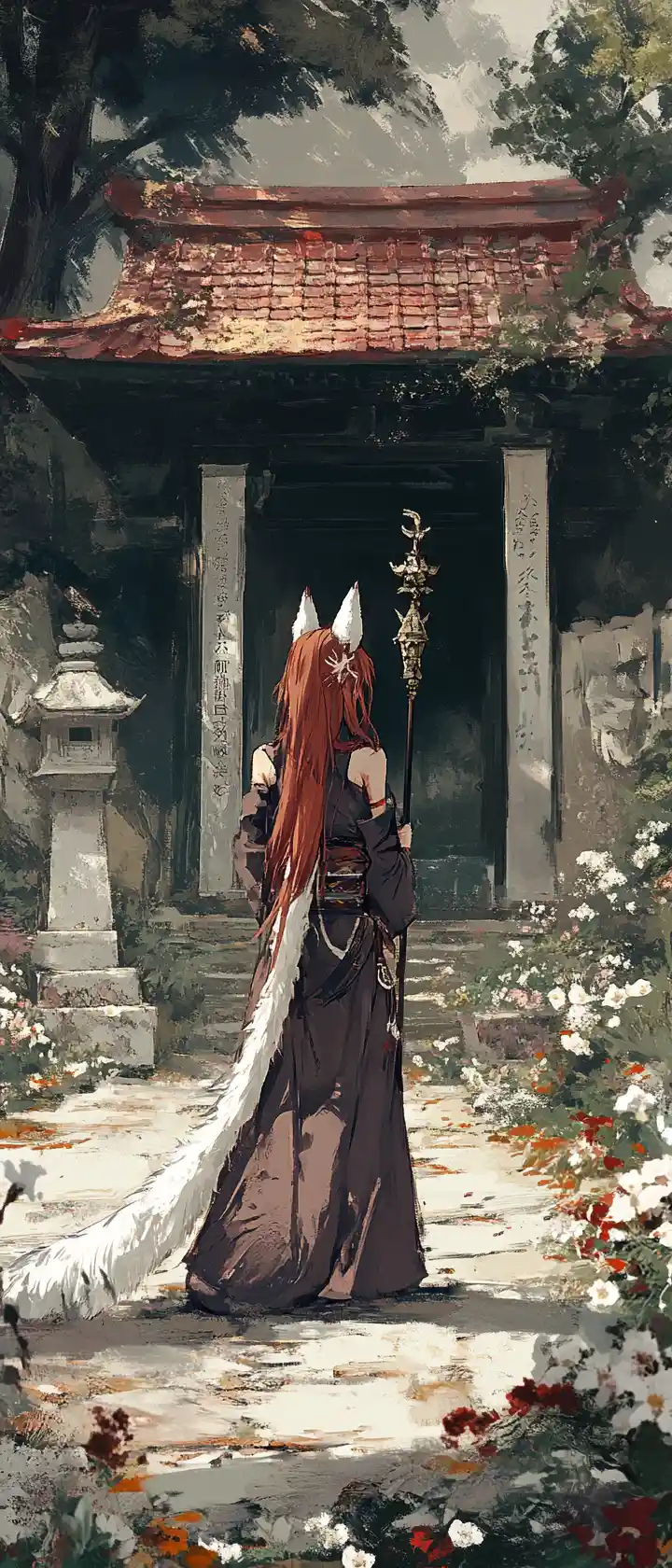 Fille anime aux oreilles de renard dansant dans la cour d’un temple
