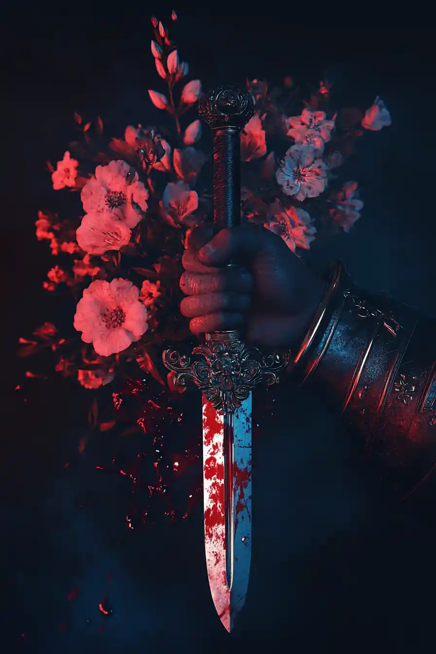 Hand Gripping A Dagger With Shield And Flowers Behind