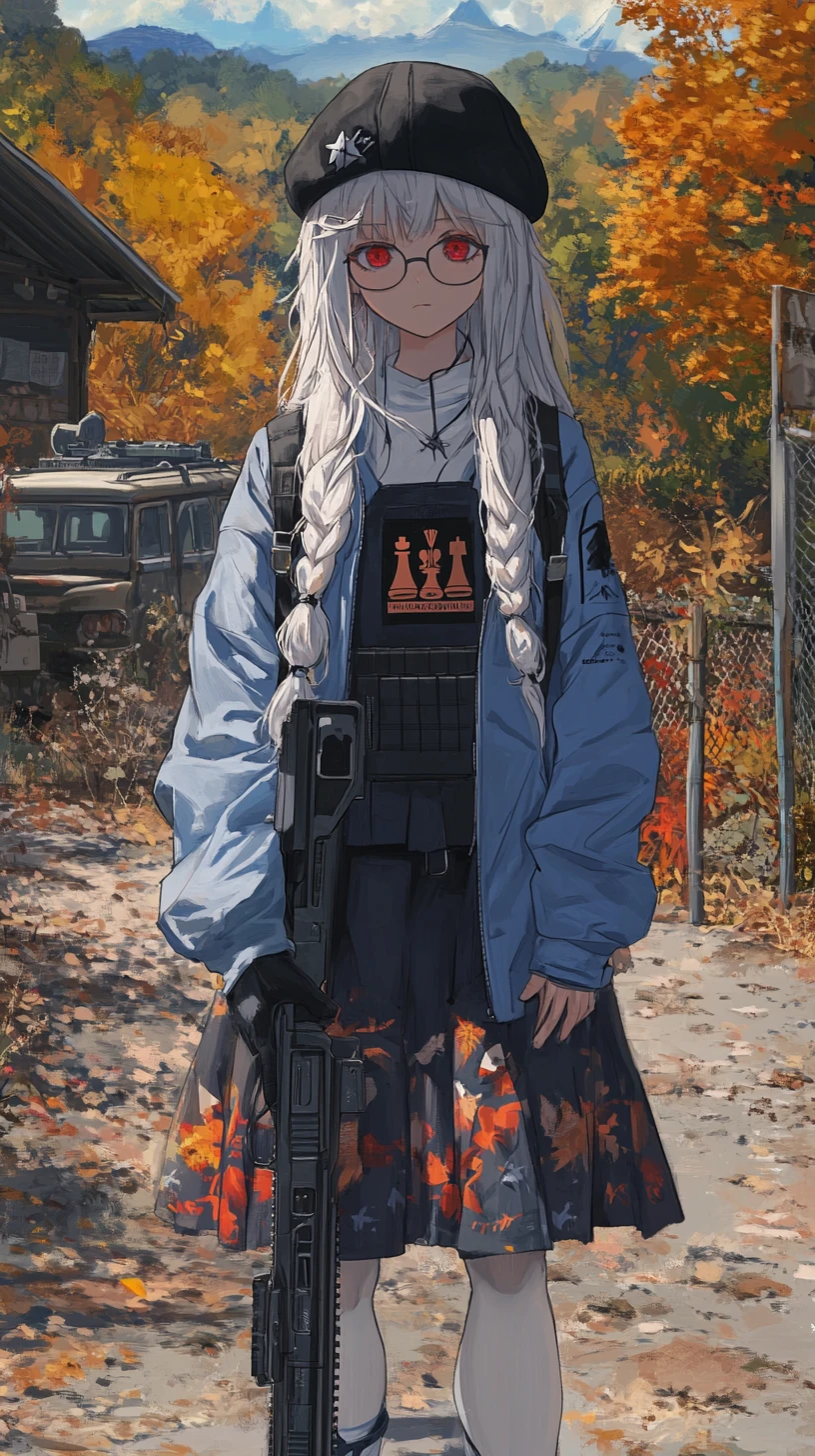 Anime-Mädchen mit Schrotflinte an einer abgelegenen Berghütte