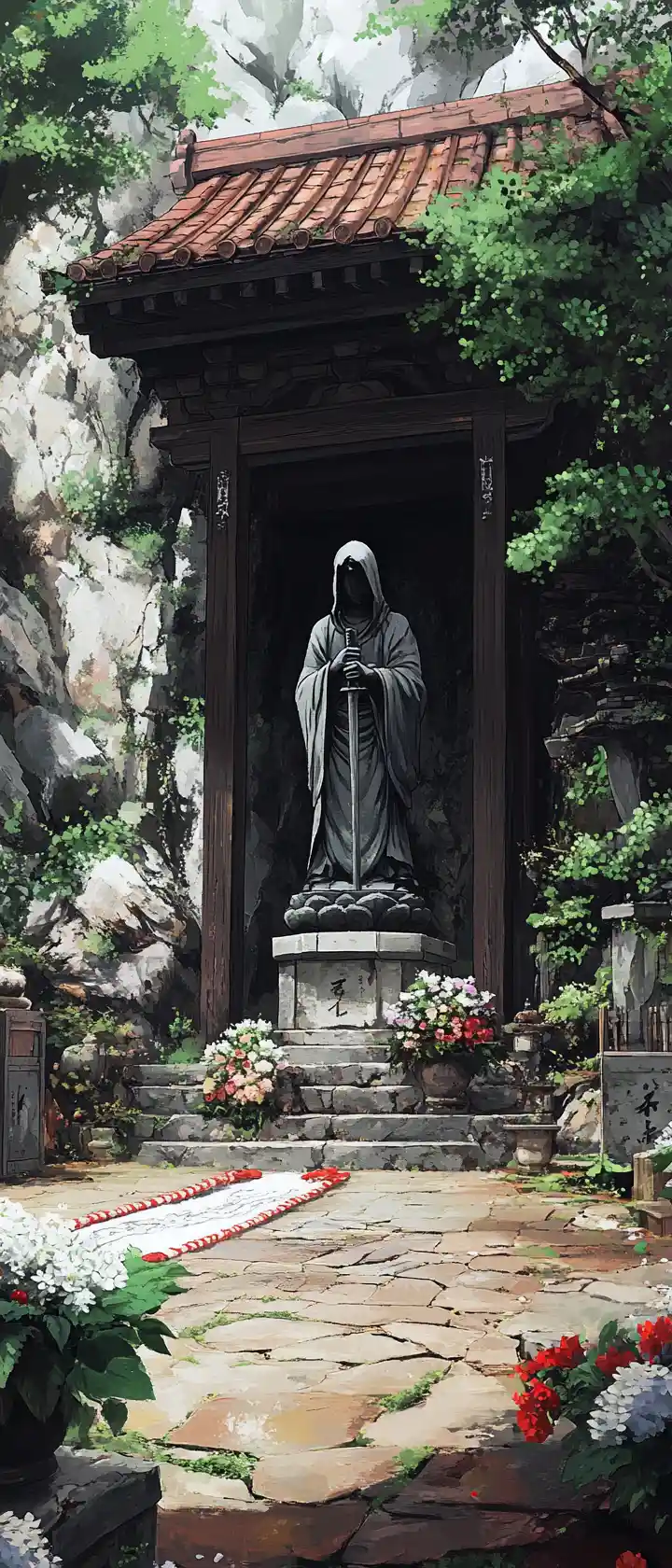 Anime temple courtyard with hooded statue and soft light
