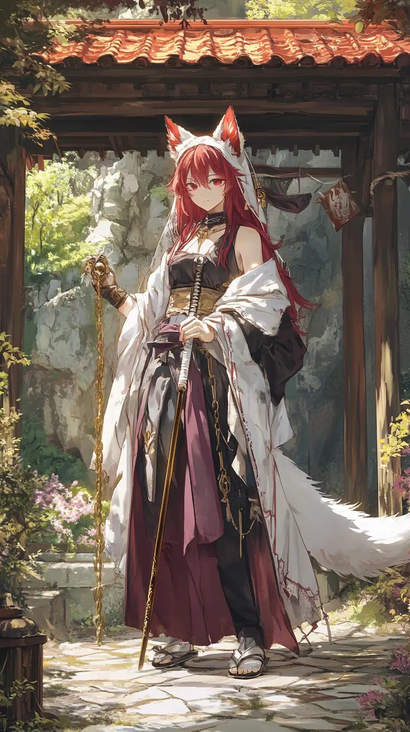 Chica de anime bailando en el patio de un templo al atardecer