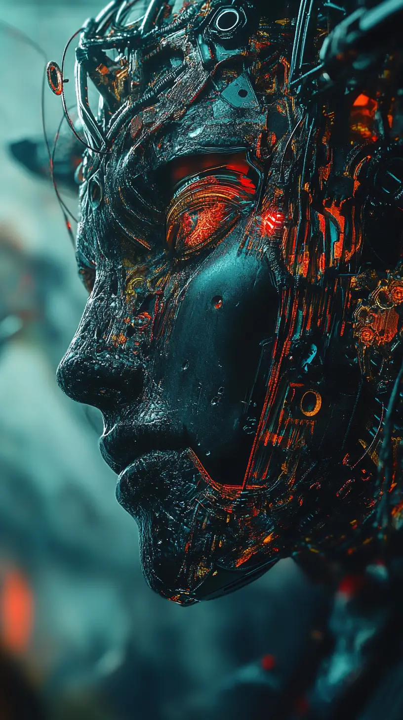 Surreal illusion of a cyberpunk alien in celestial darkness