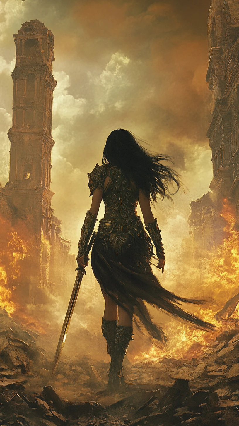 Barbarian warrior woman raising her sword at sunset