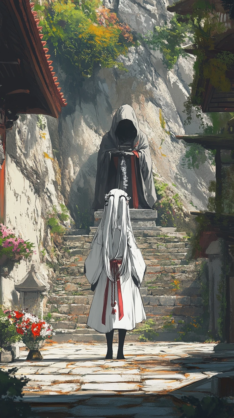 White haired shrine girl in a quiet temple courtyard
