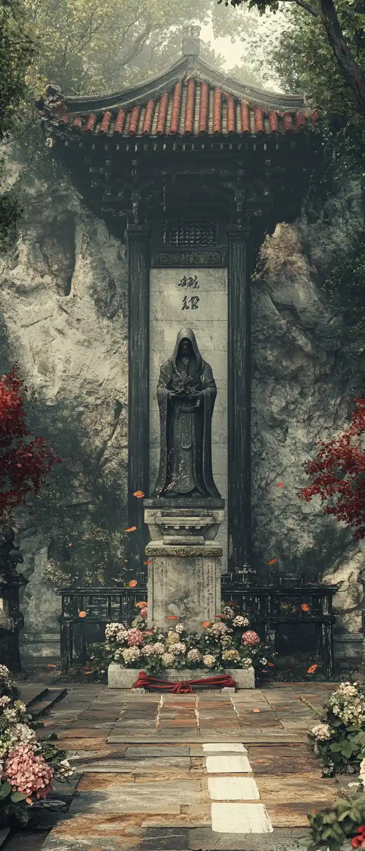 Cortile di tempio di montagna con statua di pietra incappucciata al crepuscolo