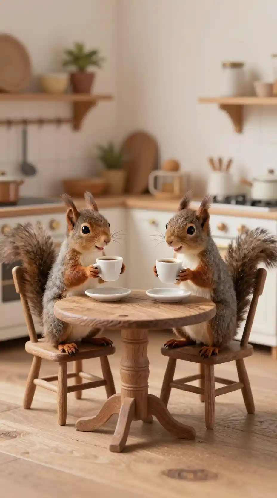 Zwei glückliche Eichhörnchen trinken Kaffee in einer winzigen Küche