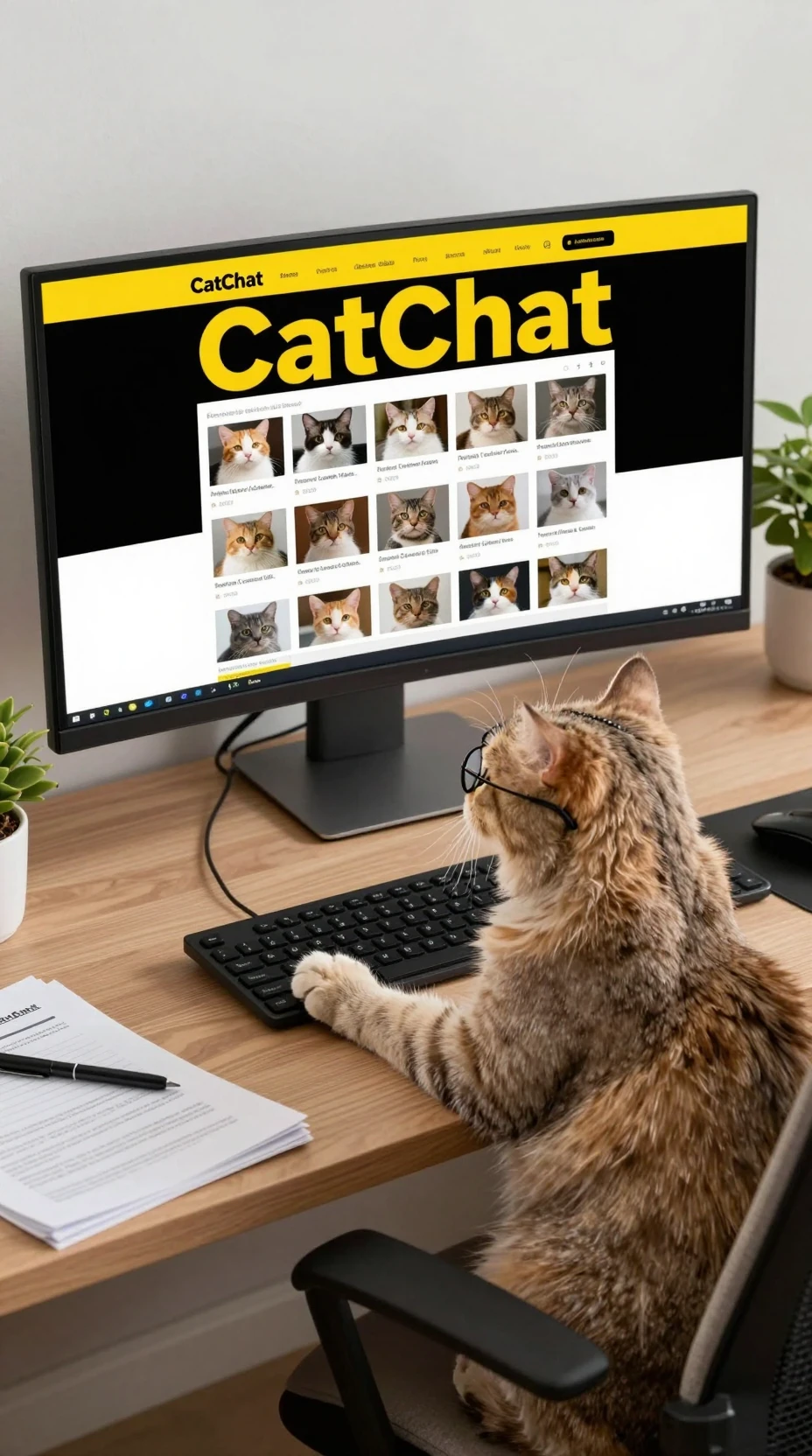 Gatto soffice in ufficio che usa il computer con monitor curvo