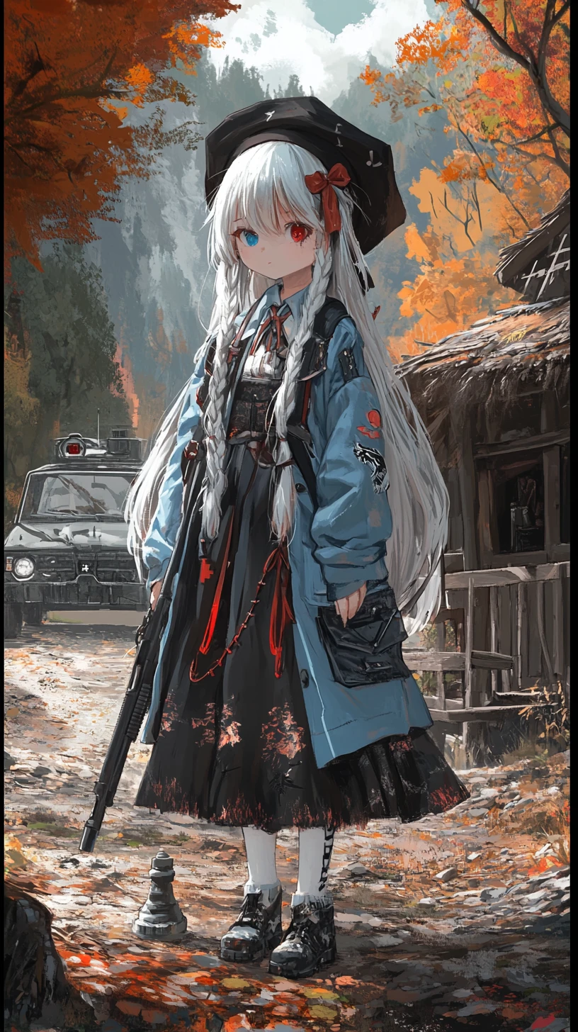 Anime girl with shotgun by a remote mountain cabin