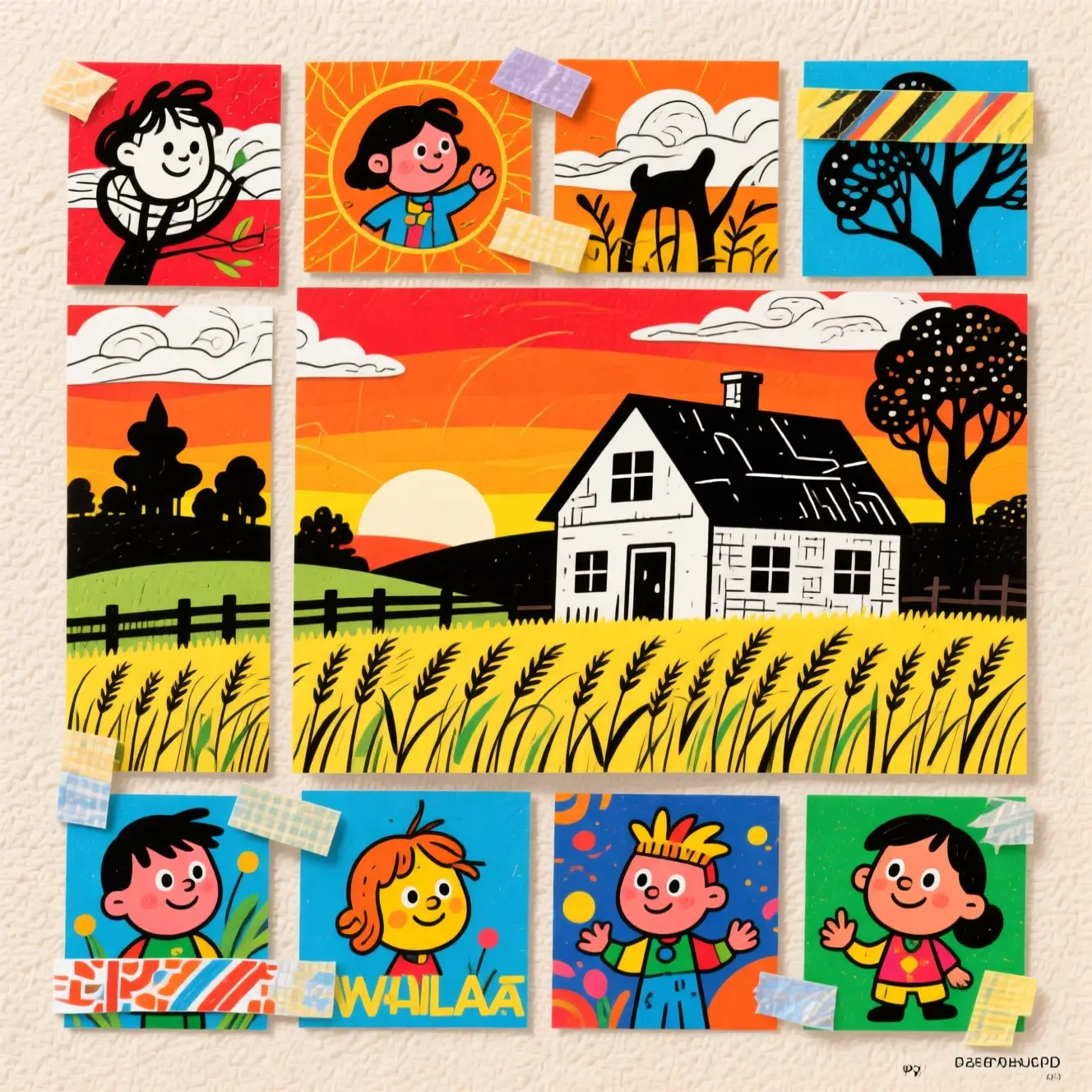 Illustration naïve folk d’une ferme dans un pays des merveilles estival