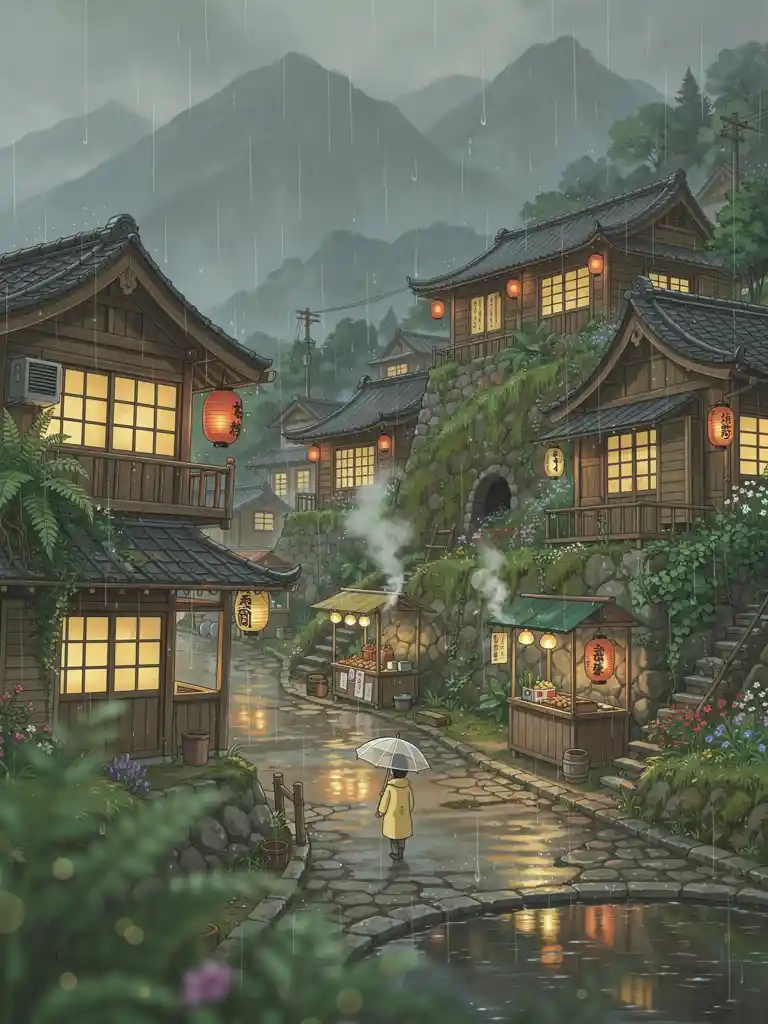 Rainy hillside village with glowing windows and lone walker