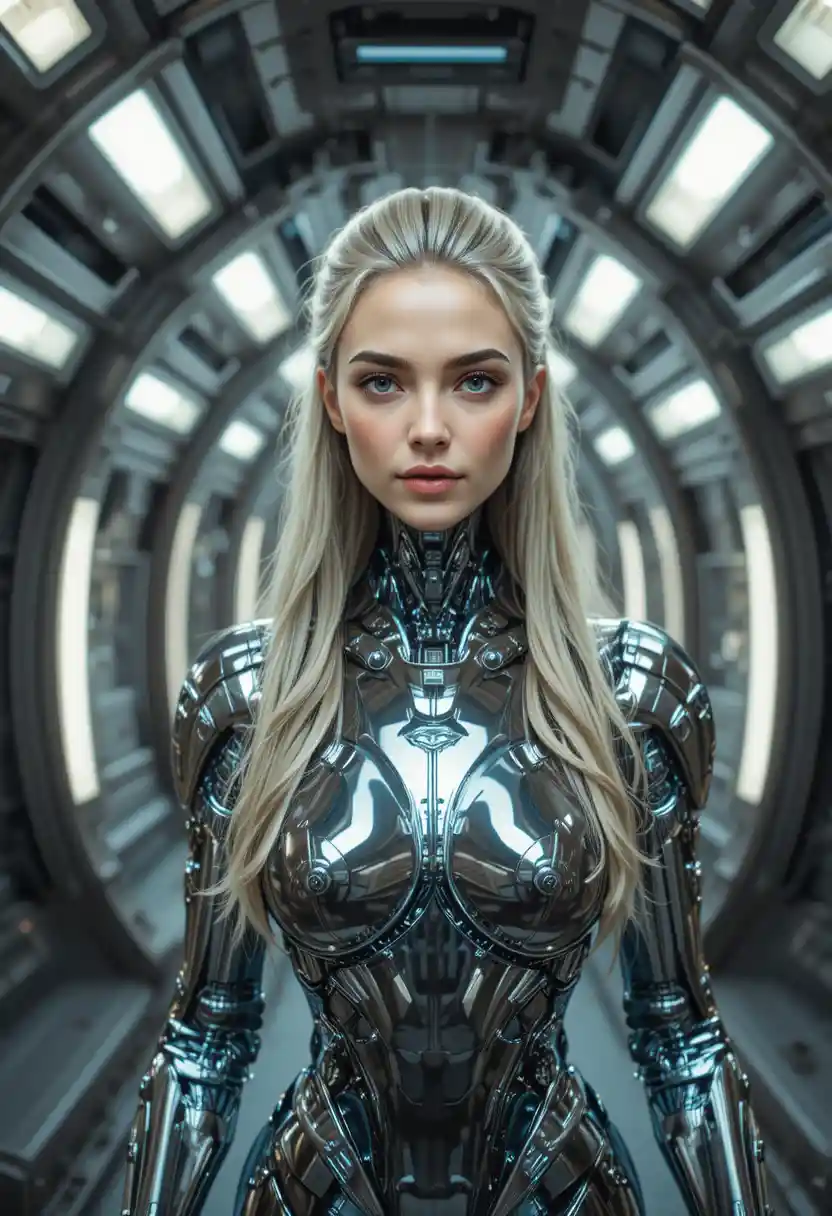 Chrome haired female cyborg walking in spaceship corridor