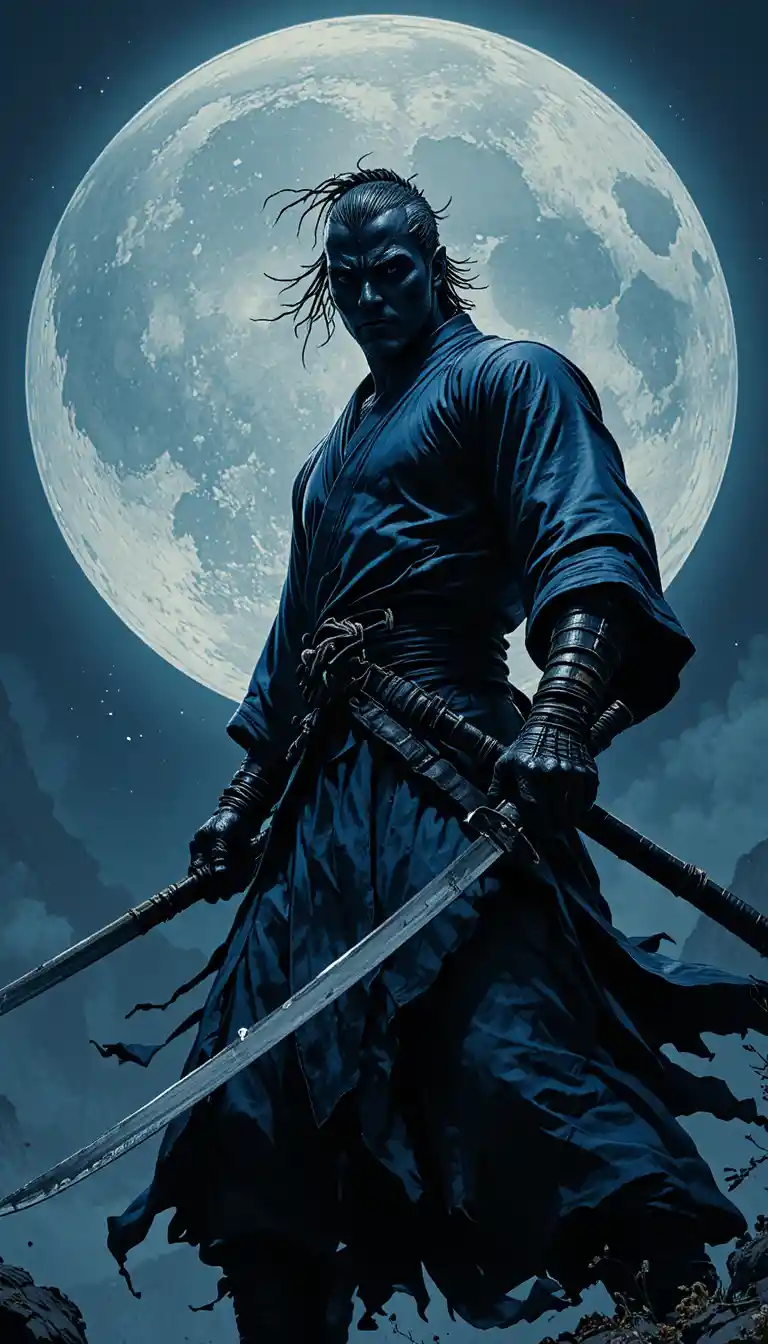 Samurai nero stoico sotto una luminosa luna piena