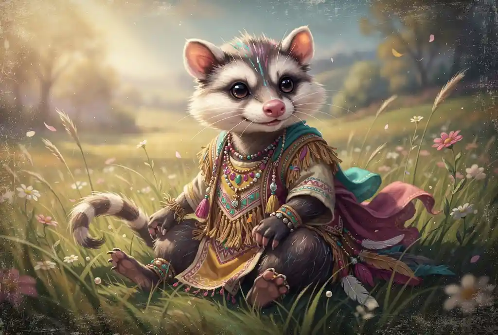 Opossum 3D mignon en vêtements bohèmes dans un pré de fleurs sauvages