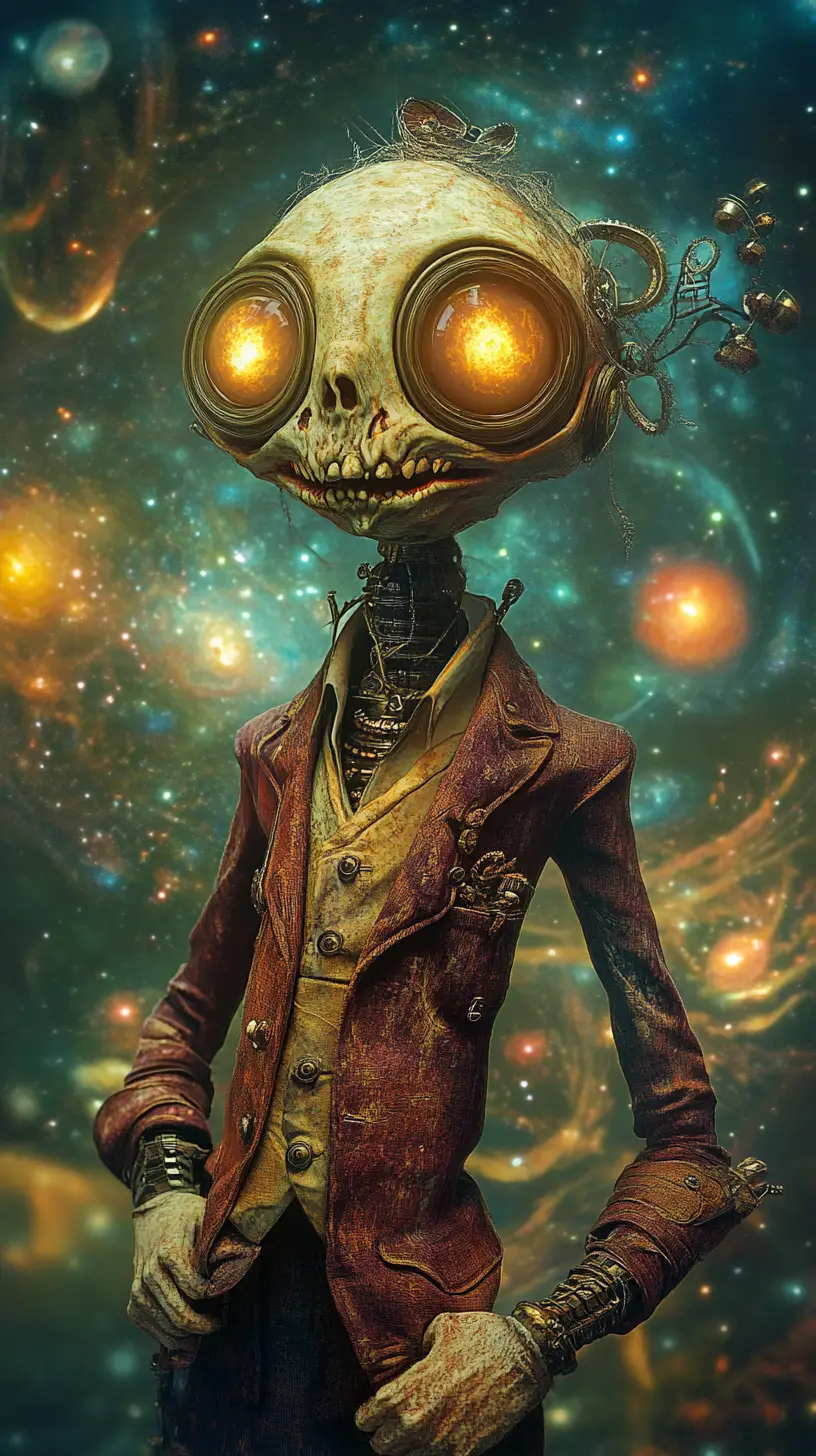 Humanoide steampunk grotesco en un vórtice cósmico en espiral