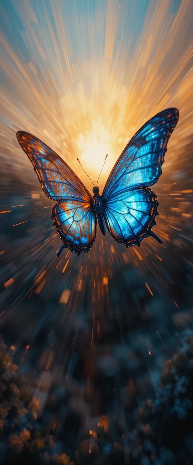 Papillon aux couleurs brunes et bleues dans le ciel au coucher du soleil