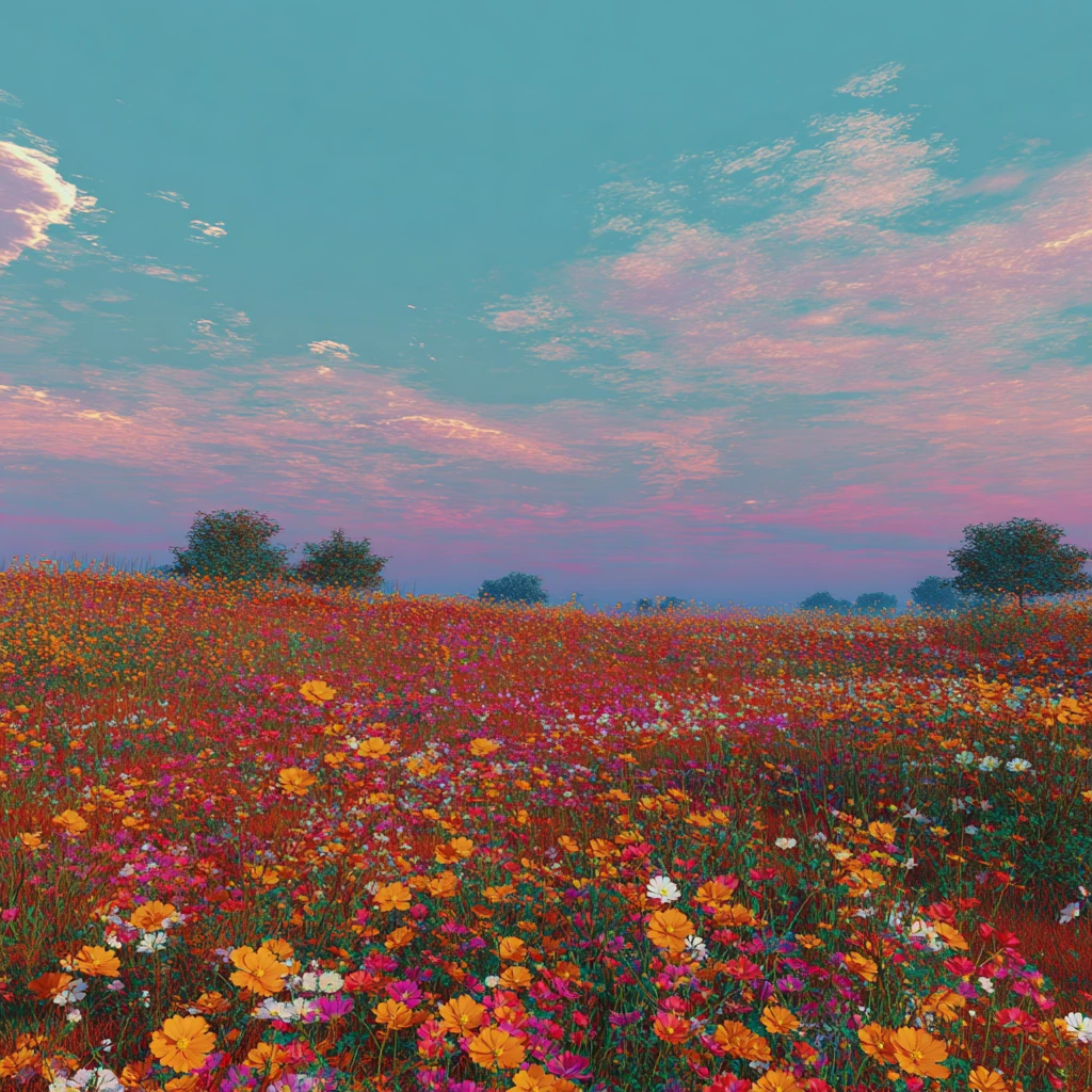 Vast dreamlike flower field beneath a soft velvet sky