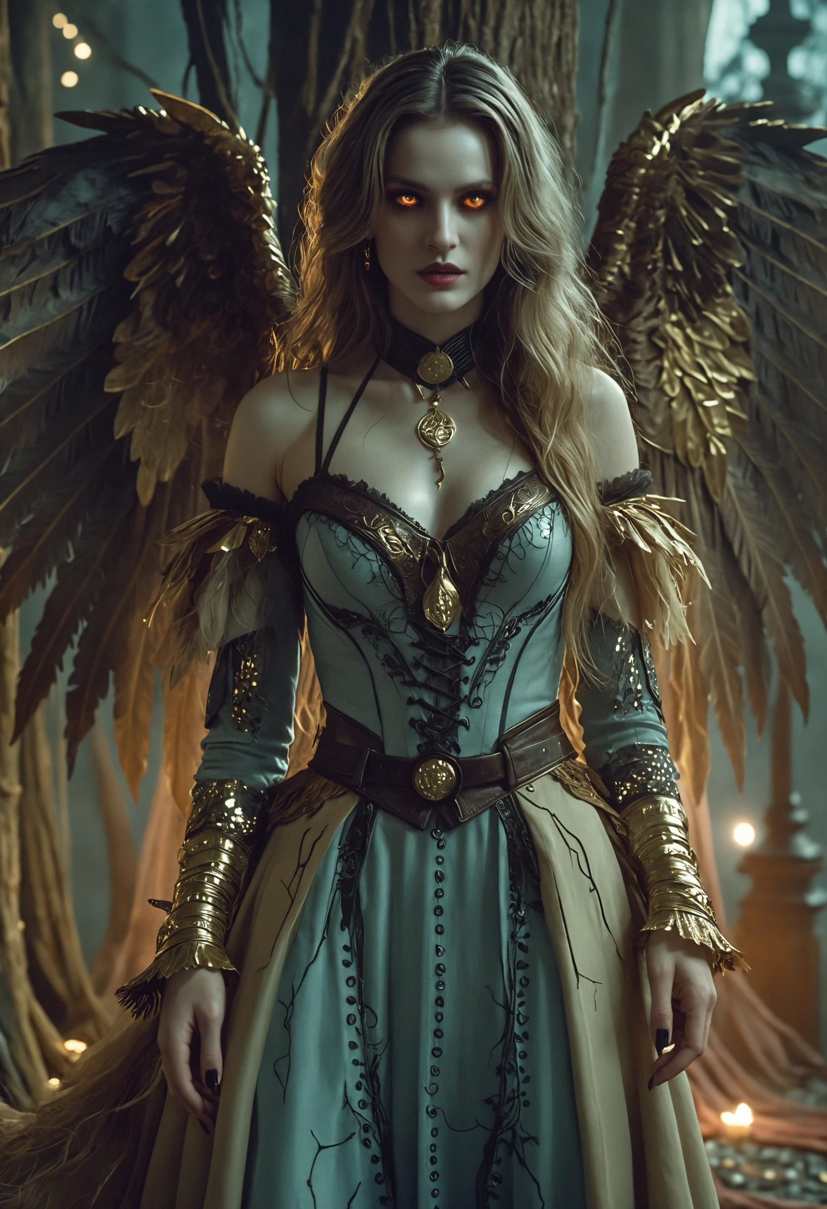 Dark haired fallen angel woman in moonlit gothic scene