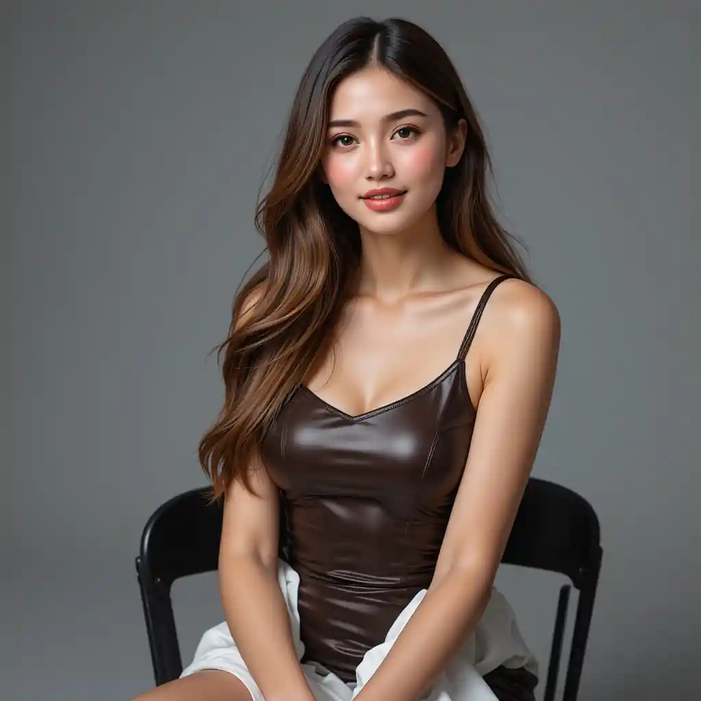 グレーのスタジオで椅子に座るエレガントな女性のポートレート