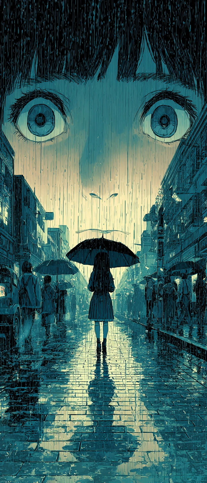 雨の中、ディストピア都市の街路を歩く少女