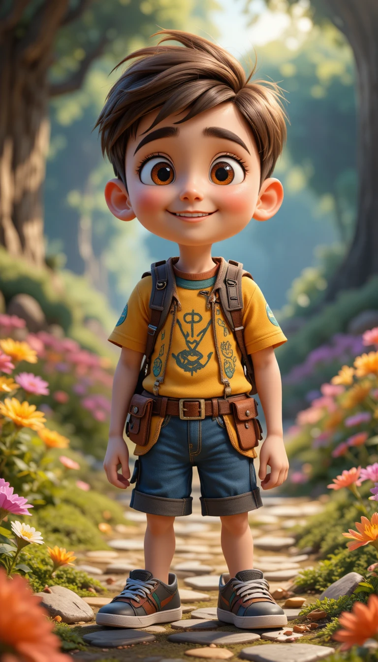 Curious young boy explorer in a colorful forest trail