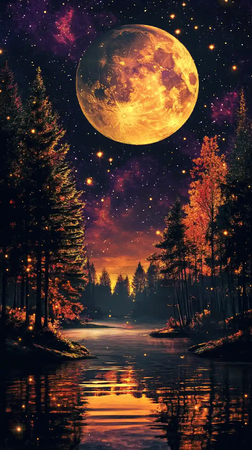 Majestic autumn forest lake under a cosmic night sky