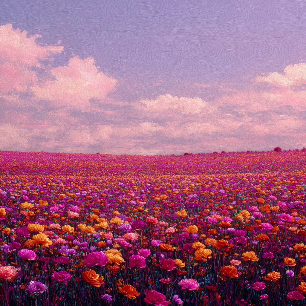 Vast flower field under a soft shimmering sky