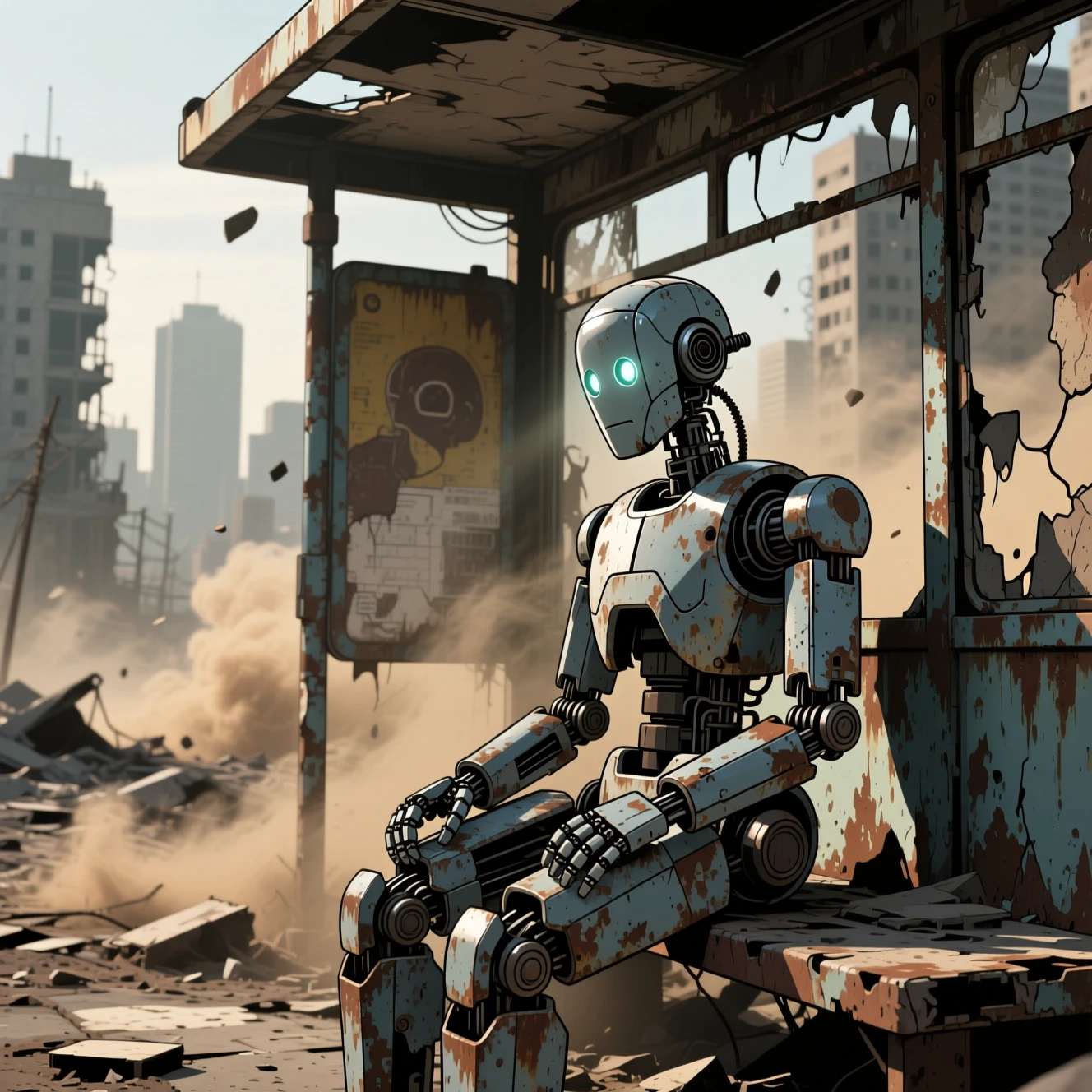Lonely robot at a crumbling bus stop in ruined city